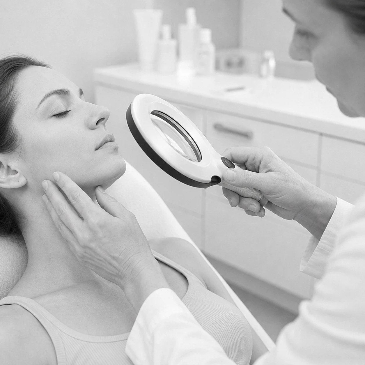 Dermatologische Untersuchung der Gesichtshaut mit einer Lupenlampe